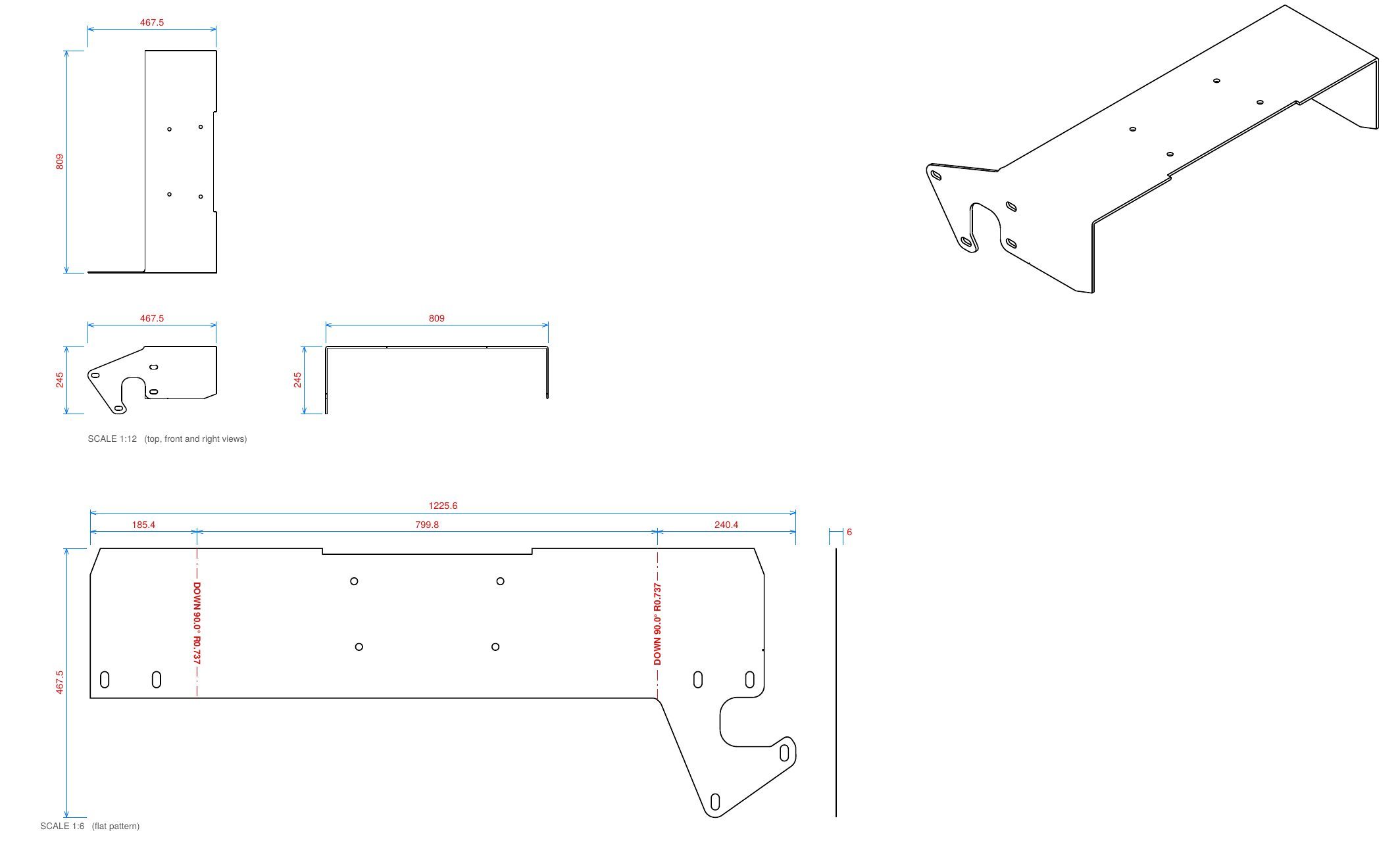 Generated drawing of a folded winch bracket with orthographic, isometric and dimensioned flat-pattern views
