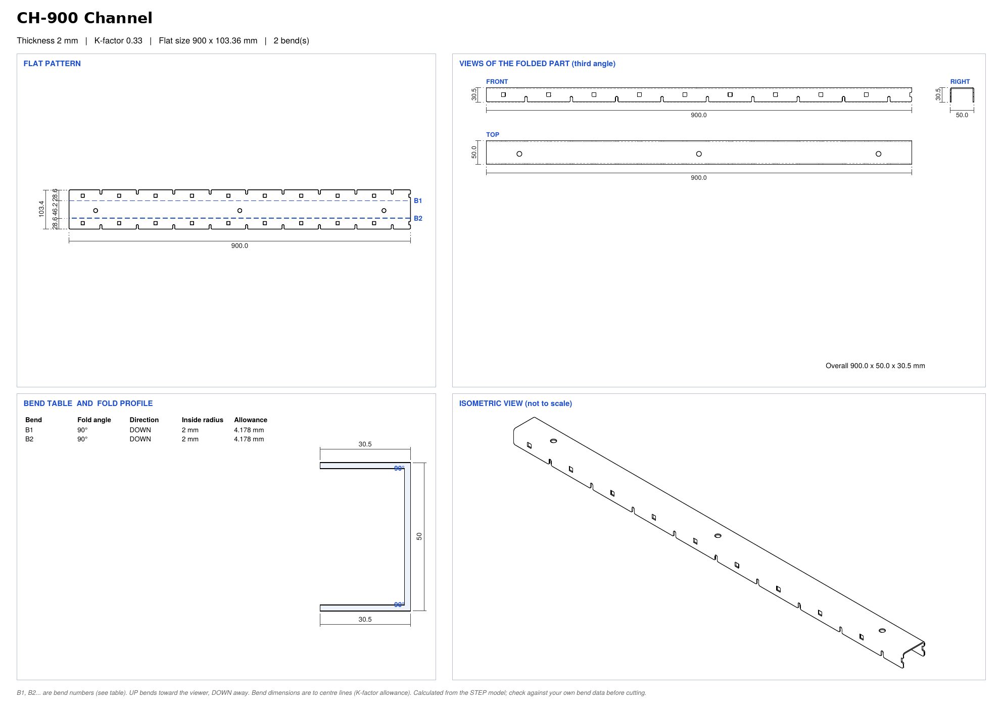 Fold sheet for a 2 mm channel showing the flat pattern with bend lines, folded views, bend table, fold profile and isometric view
