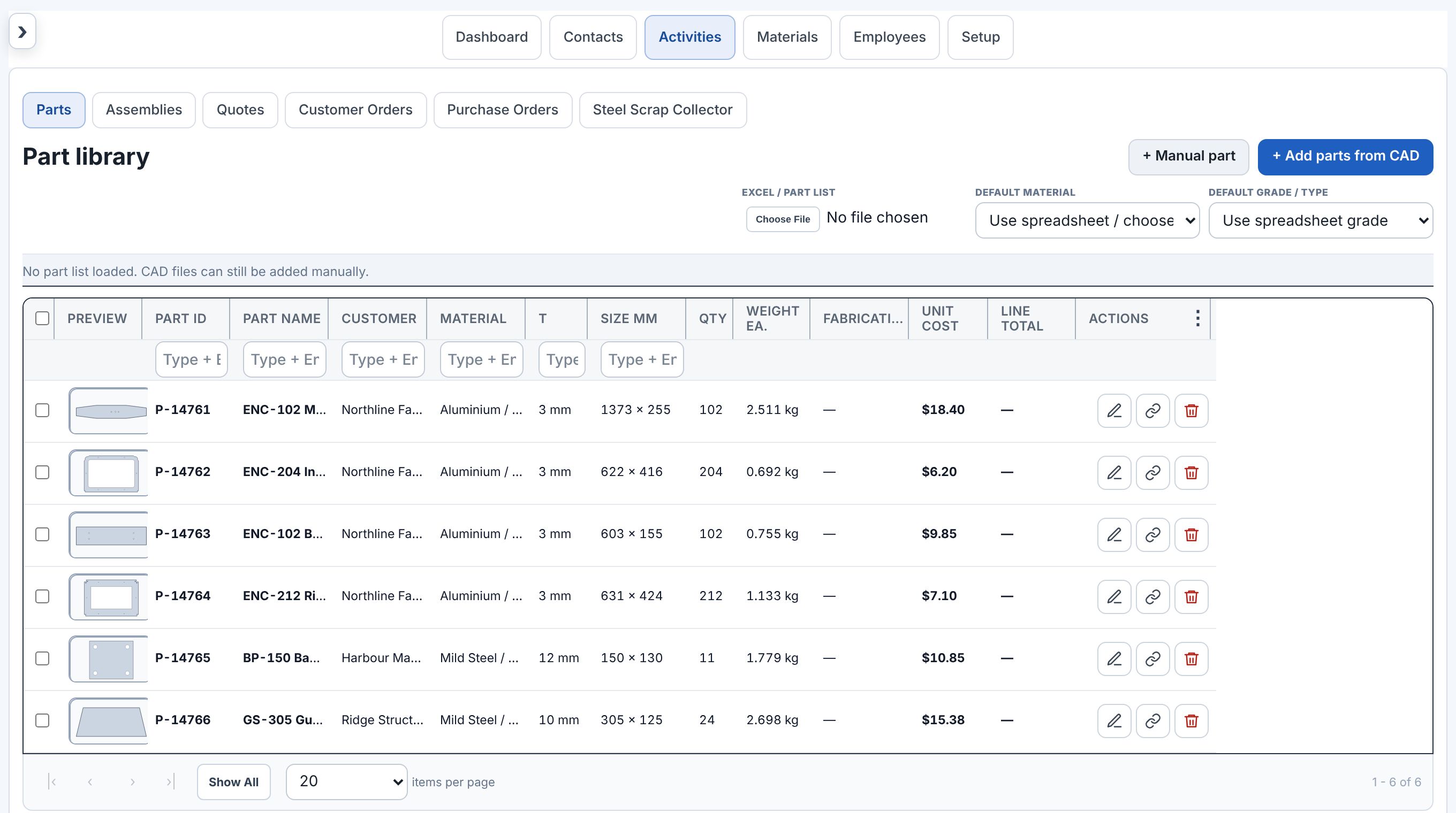 Part library listing parts with previews, material, thickness, size, quantity, weight and price